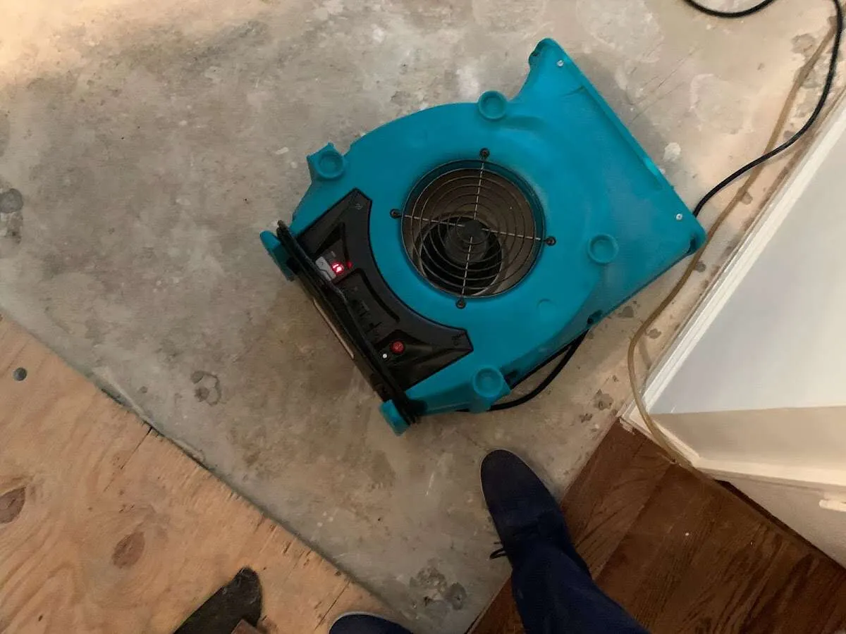 Air mover drying subfloor during Commercial Water Damage Restoration in Kirby